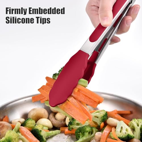 Image of Premium Steel and Siliconel Heat Resistant Kitchen Tongs for Cooking | Non Scratch Silicone Tip for Pans,Air Fryer,Barbeque, Serving | 10 inch - 230C Heat-Resistant (Red) (Pack of 01)