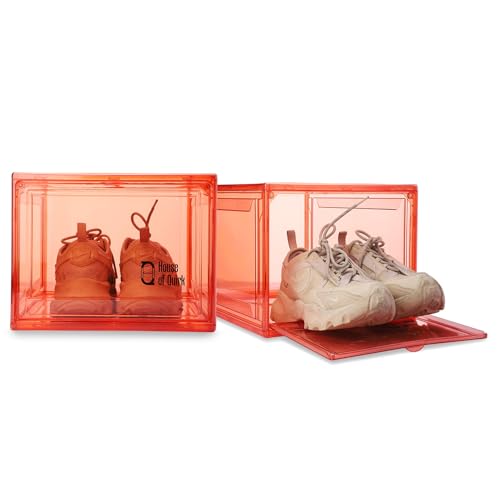 Image of House of Quirk Shoe Organizer, Shoe Storage Boxes, Large Shoe Boxes with Magnetic Door, Clear Stackable Plastic Shoe Containers (Pack of 8, Red)