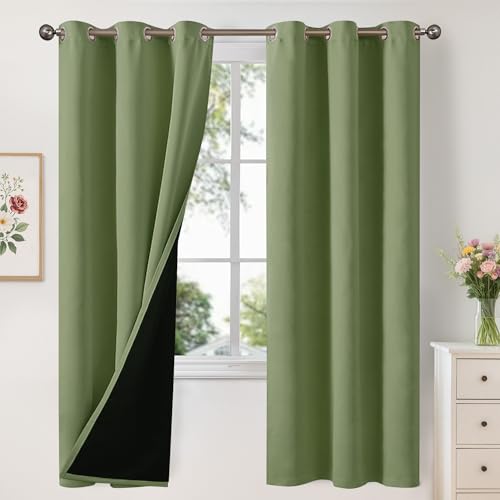 Image of YoungsTex 100% Blackout Curtains 72 Inch Length 2 Panels, Room Darkening Drapes with Liner Thermal Insulated for Bedroom Window, Green, 42 X 72 Inch