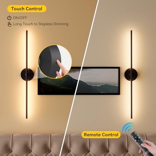 Image of Ouyulong Battery Operated Wall Sconces Set of 2, 8000mAh Wireless Rechargeable 3000-6000K Dimmable 350 Rotate Wall Light with Remote for Living Room, Bedroom 31.6in Black