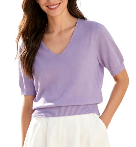 Image of SANGTREE Women's Short Sleeve Sweaters V Neck Casual Knit Pullover Tops | Perfect as a lightweight sweater for spring /summer or as a layering piece. Ideal for office, daily, holiday, home etc