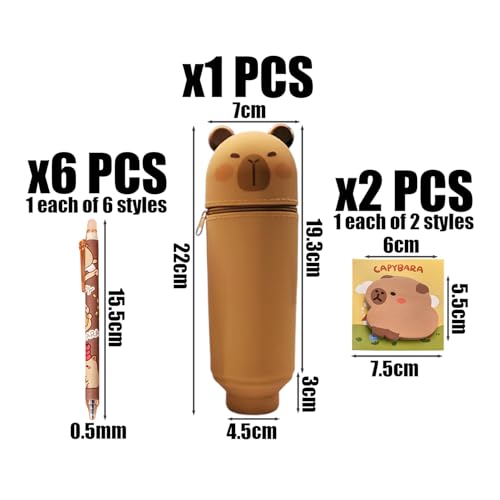 1 Stück Silikon Capybara Bleistift, 6 Kugelschreiber, 2 Stück Note-Notizen, Niedliche Cartoon-Tiere, Kreativer Schreibwarenset.