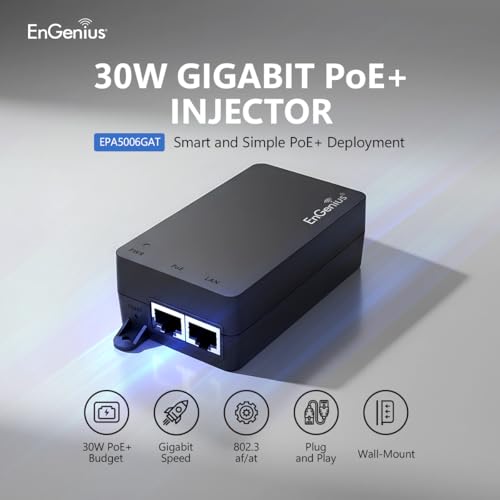 Image of EnGenius Gigabit Power Over Ethernet PoE+ Injector | 30W | 802.3af /at | Plug & Play | Up to 100 Meters (328ft) | Single Port [EPA5006GAT]