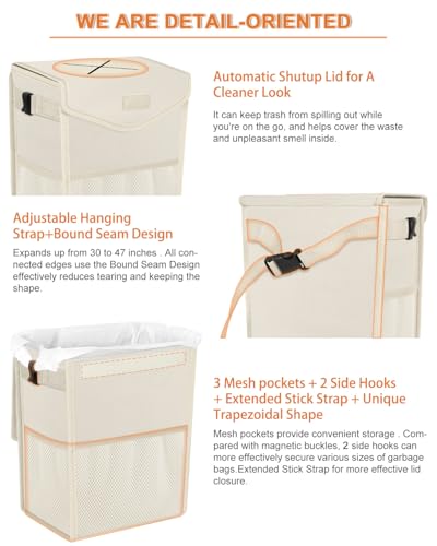 Image of Pritent Car Trash Can with Lid, Cute Leakproof Car Trash Garbage Bag Hanging Vehicle Trash Bin Small Portable Automotive Garbage Cans Organizer for Back /Front Seat(Trapezoid,Ivory