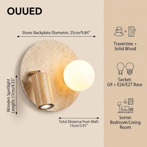 Spotlight con cabezal giratorio de 360 grados y aplique de pared de travertino moderno 7