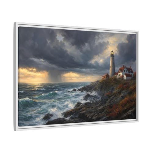 Toile phare tempête marine grand format horizontal 90x60 cm avec cadre blanc
