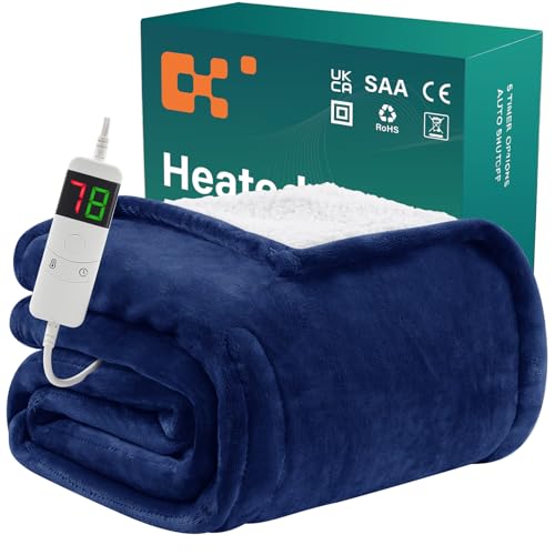 BOMOVA Manta térmica Apagado automático, mullida Manta navideña, 10 Niveles de Calor y Temporizador de 5 Horas para el hogar, Regalo para Mujer, decoración navideña para Cama o sofá,130x 80cm,Azul