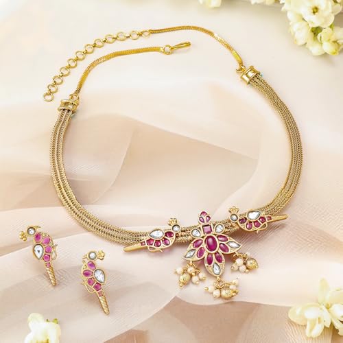 Image of Rubans Womens 22K Gold Plated Ruby Pink & Pearl Accented Jewellery Set - Ideal for Weddings & Special Occasions