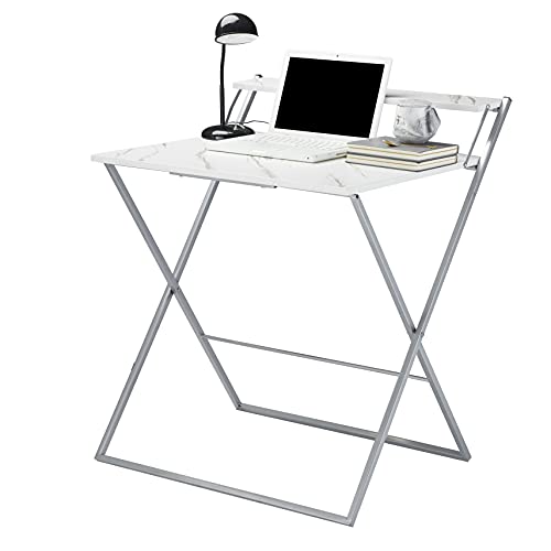 Urban Shop Foldable 2 Tier Compact Computer Desk, Marble/Silver #TOP21