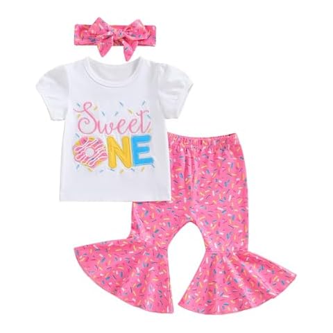 YOKJZJD 3Pcs Baby Girl 1st Birthday Outfit Sweet One Two Sweet Short Sleeve T-Shirt Tops Bell Bottom Pants Set Summer Clothes (Sweet One Pink, 9-12 Months) Cover