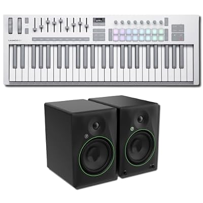 Novation Launchkey 49 MK4 White MIDI Keyboard Controller Bundle with Mackie CR8BT 8-Inch Bluetooth Studio Monitors — 16 Pads, 9 Faders, 140W 44Hz Pair for Music Production, Beat Making, Streaming