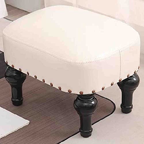 Taburete otomano retro con marco de madera maciza, esponja de alta resistencia, taburete pequeño de cuero para sala de estar, dormitorio, sala de estudio, color blanco lechoso, 30 x 30 x 40 cm