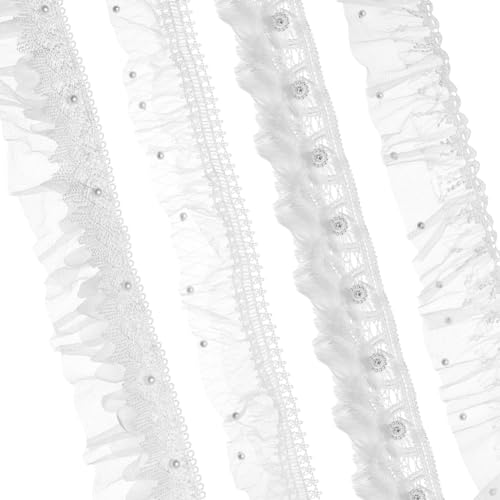 MAYJOYDIY 3.66m 4 Styles White Ruffles Lace Trim with Beads Pleated Embroidery Ribbons Pearl Tulle Fabric Trim for DIY Craft Sewing Curtains Clothing Wedding Dress