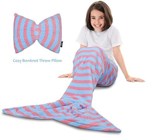 Tirrinia Manta de cola de sirena – Juego de manta de sirena de forro polar súper suave para niños y niñas de 3 a 12 años, almohada con lazo