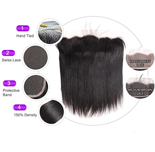 Straight Bundles With Frontal Human Hair 100% Brazilian Virgin Straight Hair 3 Bundles With Lace Frontal Closure 13X4 Free Part 10A Grade Human Hair Extensions Natural Black Color (14 16 18+12 Inch) #TOP2