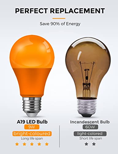 Image of L LOHAS LED Halloween Orange LED Light Bulbs Outdoor, A19 9W(60W Equivalent) Orange Colored Light Bulb, E26 Base, Non-Dim, 4-Pack