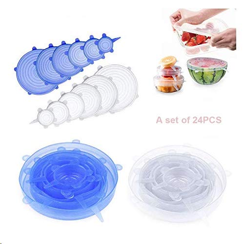 FHH - 24 tapas elásticas de silicona reutilizables herméticas para alimentos que mantienen el sello fresco y elástico para cubrir utensilios de cocina y alimentos
