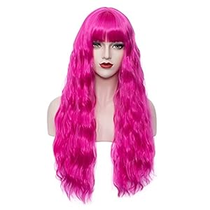 WGPFWIG Women’s Hot Pink Wig 27”Long Curly Wavy Wig Shoulder Length Flat Bangs Wig For Women Girl Cosplay Party Halloween Wig Cap Included (27”Hot Pink)