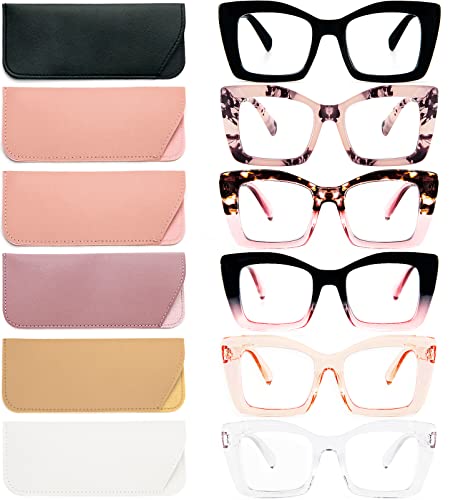 REAVEE 6 Pack Oversized Square Reading Glasses for Women, Blue Light Blocking Large Frame Computer Designer Fashion Readers Spring Hinge with Leather Case,2.0