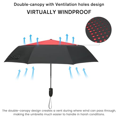 G4Free Windproof Travel Umbrellas for Rain Double Canopy Automatic Compact Umbrella with Strong Fiberglass Frame and Windproof Cable(Black/Red) — view 6