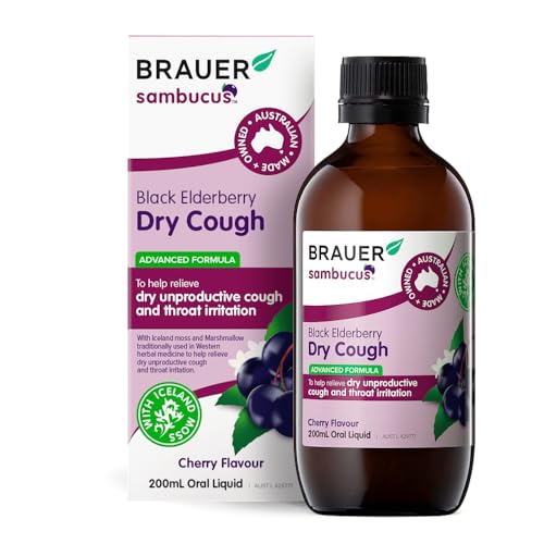 Sambucus by Brauer Black Elderberry Dry Cough Liquid 200mL | Adult Herbal Formula | Relieves Dry Unproductive Cough & Throat Irritation | Cherry Flavour
