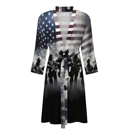 Grunge American Army Soldiers with Flag Men's Bathrobes Lightweight Sleepwear Long Sleeve Loungewear Nightgown Pajamas3