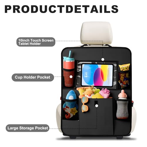 Image of Car Backseat Organizer with Tablet Holder, 6 Storage Pockets Seat Back Protectors Kick Mats for Kids, Car Seat Protector for Road Trips 2 Pack (Black)