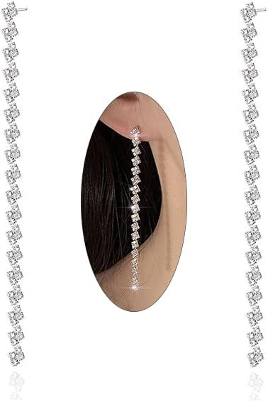 Luxval Rhinestone Earrings Dangling for Women Sparkly Silver Dangle Earrings Girls Long Chandelier Earrings Tassel Lightweight Ear Studs Cubic Zirconia Crystal Statement