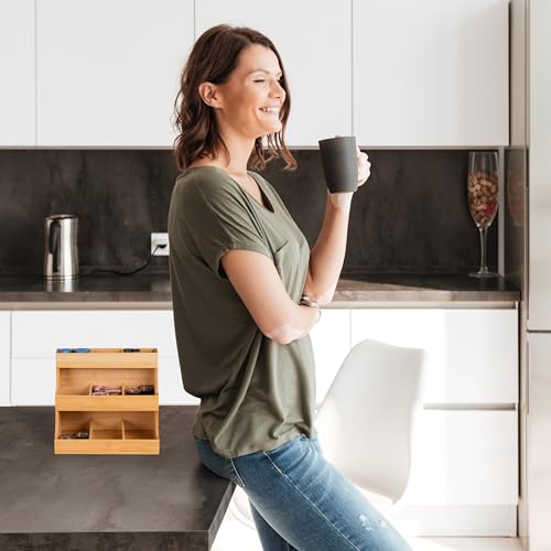 Relaxdays Tee Organizer, 9 Fächer, aus Bambus, HxBxT: 24 x 26 x 17,5 cm, Tee & Kaffeepads, Teeregal vertikal, natur