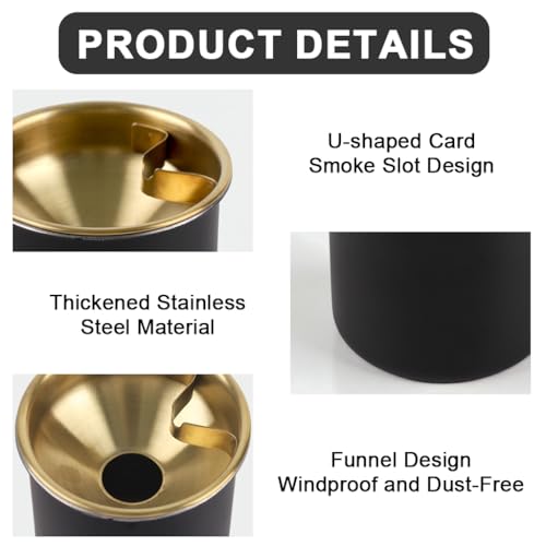 Image of HASTHIP Stainless Steel Ashtray, Windproof Ashtray with Funnel Lid, Car Ash Tray Table Ash Tray for Home Office, Black