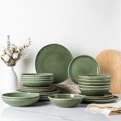 GBhome Stoneware Dinner Sets for 6 People, 24 Pieces Handcrafted Plates and Bowls Set, Scratch Resistant Dinnerware Set, Oven, Dishwasher & Microwave Safe Crockery Set, Evergreen