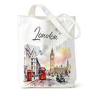 London-Themed Canvas Tote Bag: Featuring iconic London motifs such as Big Ben, red telephone boxes and double-decker buses rendered in ink-wash style, this tote bag combines classic British hues like off-white, navy blue and vintage red. It exudes cu...