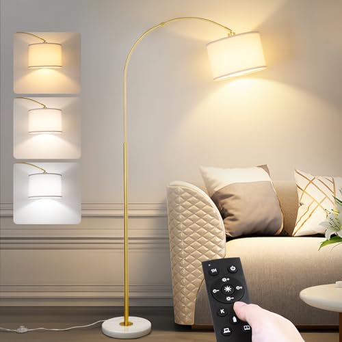Modern Gold Arc Floor Lamp with Remote and Stepless Dimmable Bulb for Living Room or Bedroom