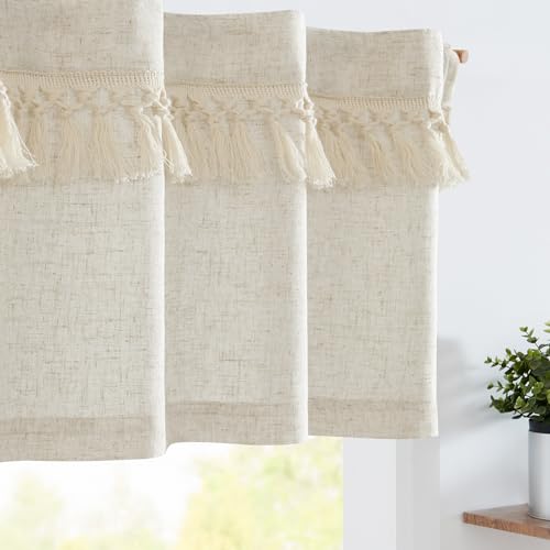 jinchan Boho Valance with Tassels Linen Kitchen Valance Curtain for Windows 18 Inch Length Beige Farmhouse Rustic Valance for Living Room Laundry RV Light Filtering Back Tab Valance 1 Panel Crude