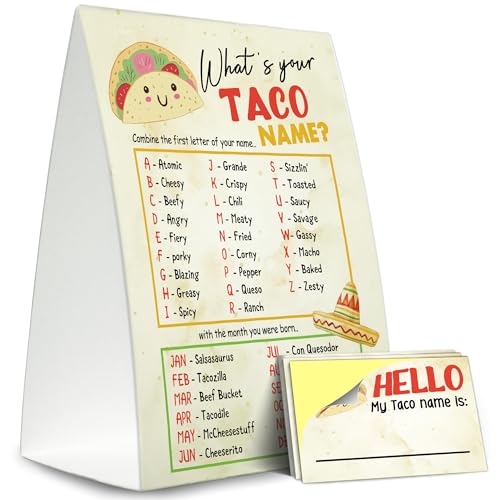 Taco Party Decor,5×7 What is Your Taco Name Game, Perfect for Birthday Party Activities 1 Standing Sign + 30 Stickers