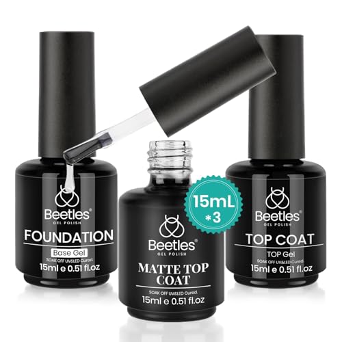Beetles Gel Polish Base & Top Coat Set - 3pcs 15ml Base Gel No Wipe Top Coat Matte & Shine Finish Long Lasting Soak Off LED Nail Lamp