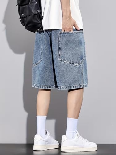 Image of GRECIILOOKS Denim Cargo Shorts for Men Stylish | Washed Jeans Half Pant for Men | Knee Length Cargo Shorts for Mens | Regular Fit Mens Pant Casual, Utility Streetwear Jorts, Travel Summer Wear