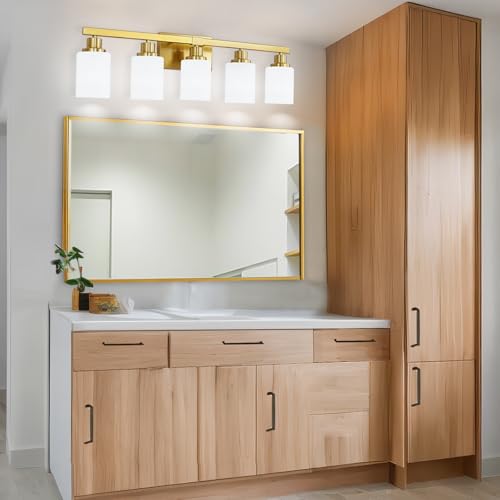 Image of Gold Bathroom Light Fixtures 5-Light Brushed Gold Vanity Light 30in | White Frosted Ribbed Glass Shade Vanity Lighting Fixtures over Mirror Gold Sconces Wall Lighting for Hallway E26 Base