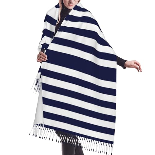 Shawl Wraps for Women - Navy Blue And White Stripes Oversized Fall Winter Blanket Fashion Scarf for Womens