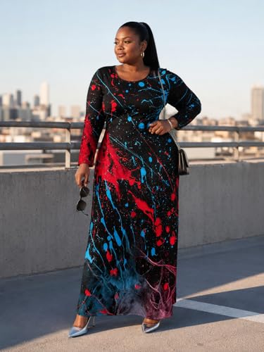 Image of PinkPatty Plus Size Maxi Dress for Curvy Women Crew Neck Long Sleeves Casual Dress Vacation Sundresses with Pockets