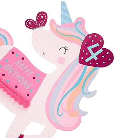 UK Greetings 4th Birthday Card - Girls Birthday Card - Unicorn Birthday Card - Kids Birthday Card, blue|pink|red|white