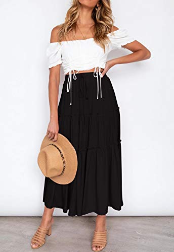 Haeof Women's Boho Elastic High Waist A Line Ruffle Swing Beach Maxi Skirt With Pockets Black #TOP2