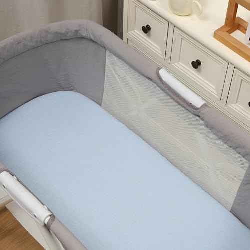 Image of Onacosht Muslin Bassinet Sheets 3 Pack, 35 inchx20 inch, Beige Green and Blue