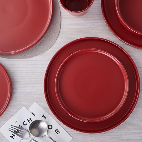 Image of Stone Lain Cleo Stoneware 32-Piece Modern Dinnerware Set, Plates and Bowls, Red, Service for 8, Microwave & Dishwasher Safe