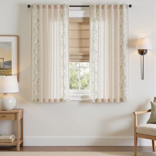 Image of jinchan Floral Linen Curtains, Back Tab 50x63 Inch, 2 Panels Sage