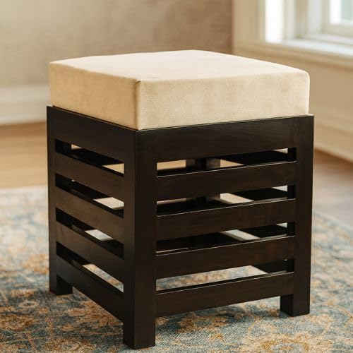 Image of Wooden Ottoman Stool with Cushioned Seat | Modern Square Footrest Pouffe for Living Room Bedroom | Solid Wood Accent Stool for Home Decor Seating (Brown, 12 By 12 Inches)