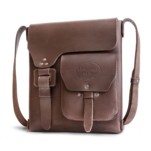 Littlefield & Co., Rustic Satchel with Adjustable Shoulder Strap, Classic Messenger Bag, Travel Accessory, Thick Full Grain Leather, Handmade, Bourbon Brown