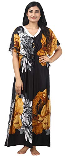 Image of Noty Women's Kaftan Nighty | Serena Fabric | Floral Print Maxi | Short Sleeves | V Shaped Neck