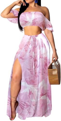 Image of Sexy Two Piece Sets for Women Vacation Elegant Sleeveless Top Long Split Maxi Dress Beach Swimwear