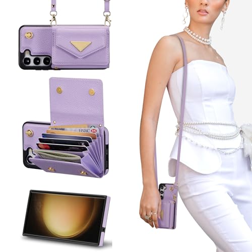 Housse Samsung Galaxy S23 avec porte-monnaie lila et ruban de transport pratique